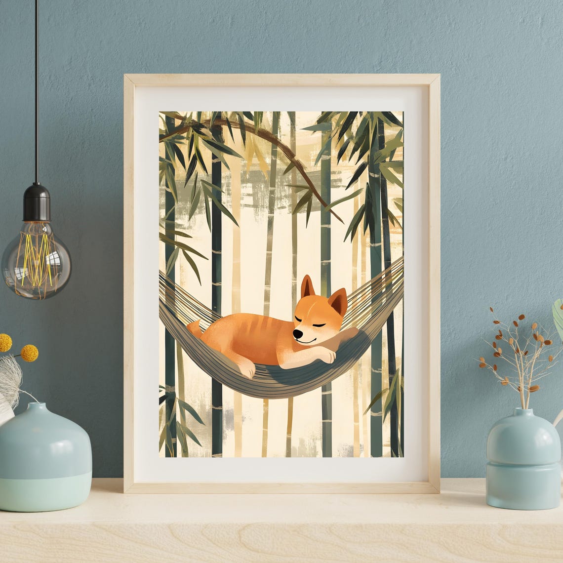 Peaceful Shiba Inu Napping in a Hammock in the Bamboo Forest Poster
