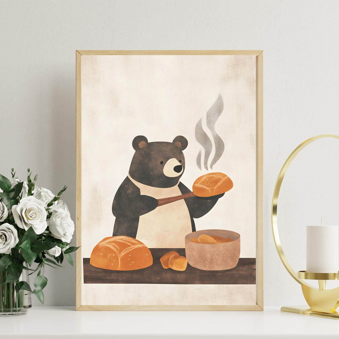 Jolly Black Bear Baker in a Cream Apron Presenting a Steaming Loaf Poster - Image 2