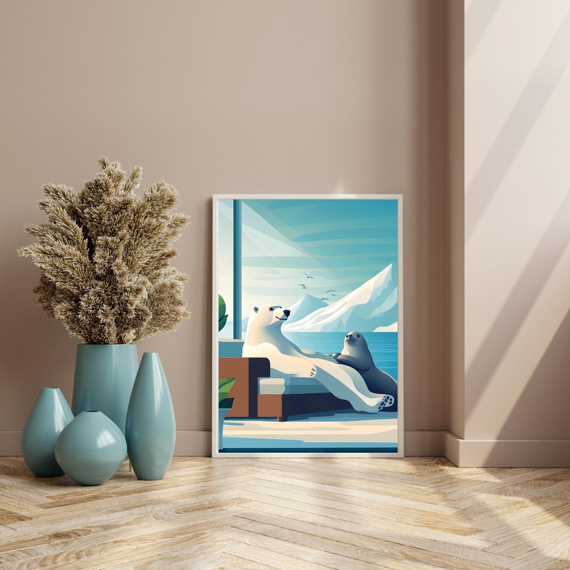 Polar Bear and Seal Relaxing on a Patio over the Arctic Bay Poster - Image 2