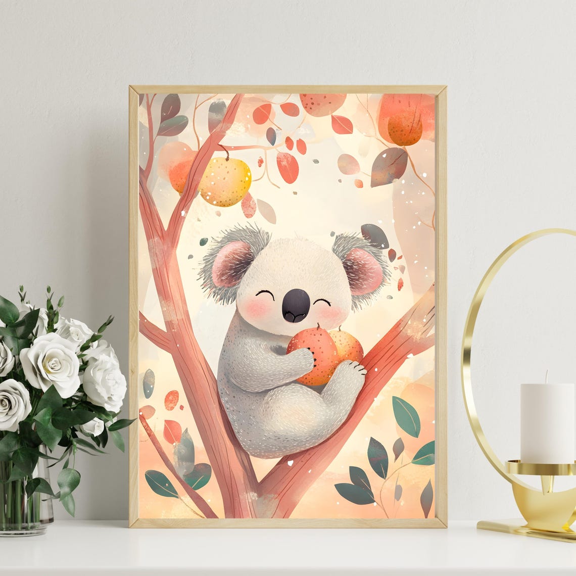 Smiling Baby Koala Hugging Fruit in Pastel Autumn Tree Poster