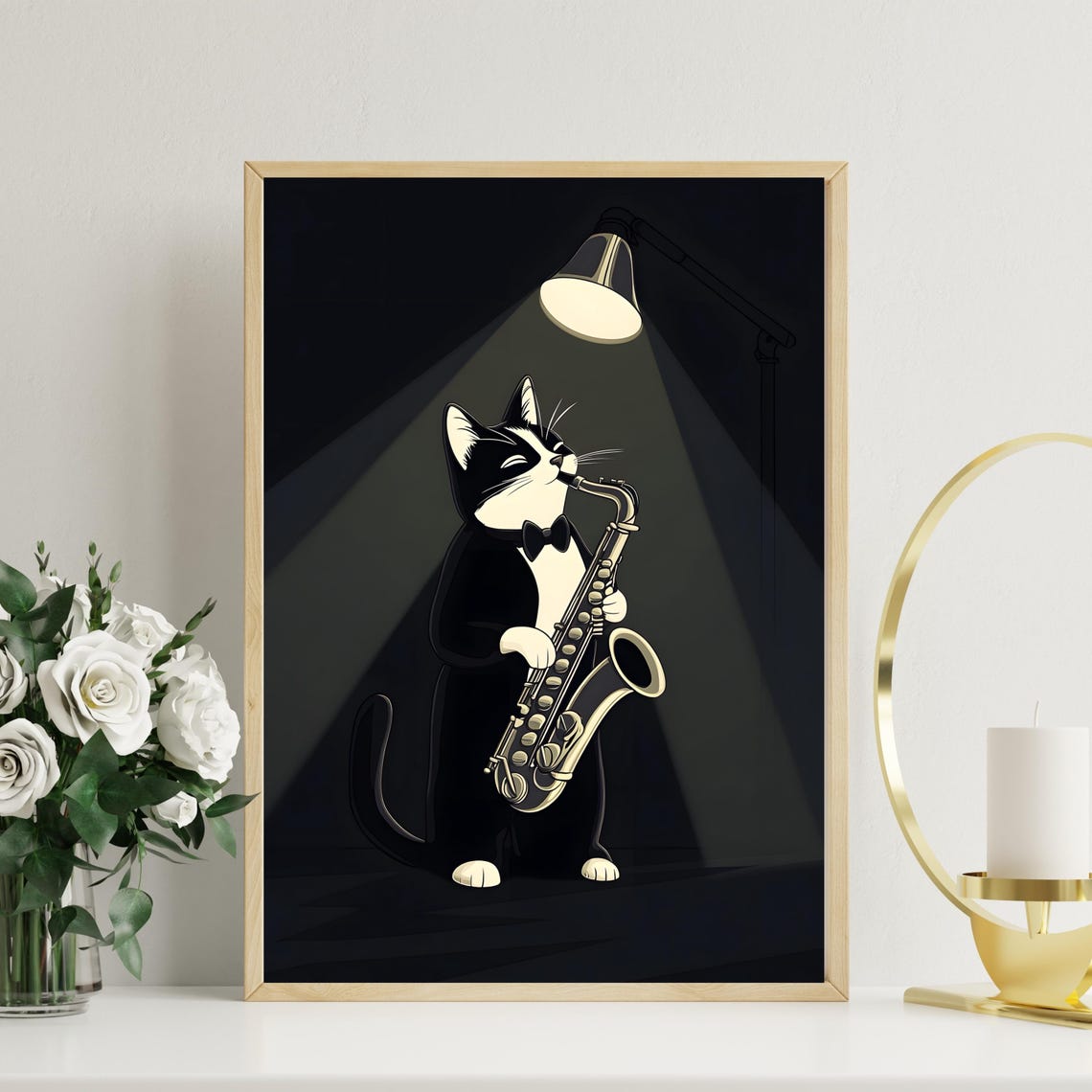 Black and White Cat Playing Saxophone Under Lamp Light Poster - Image 4