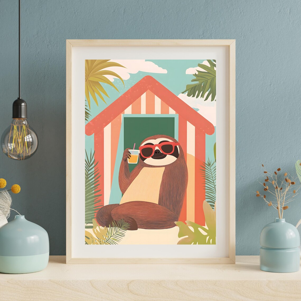 Chill Sloth in Red Sunglasses Sipping Juice Before a Striped Beach Hut Poster