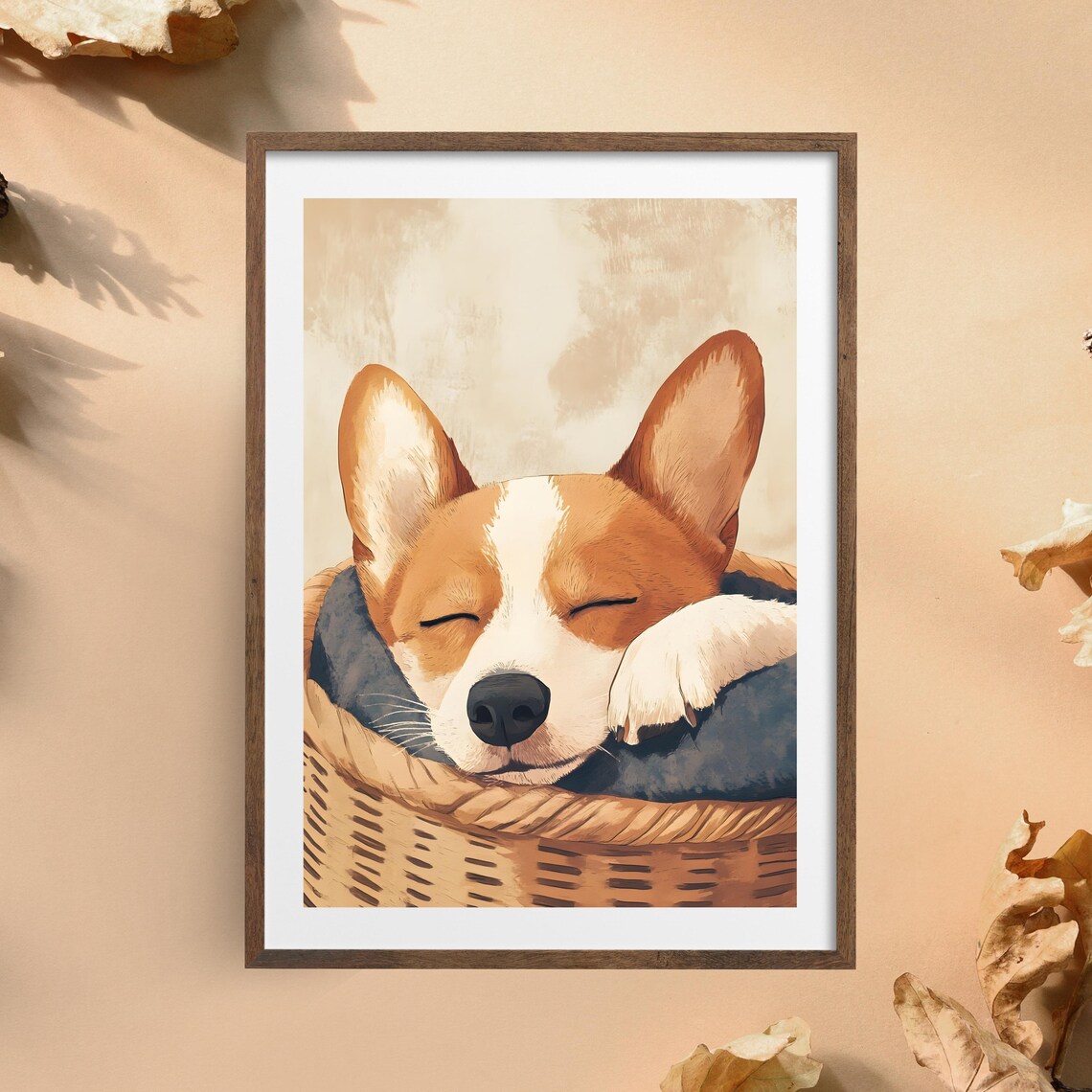 Sleeping Corgi Puppy Curled in Wicker Basket Cozy Dog Nursery Poster