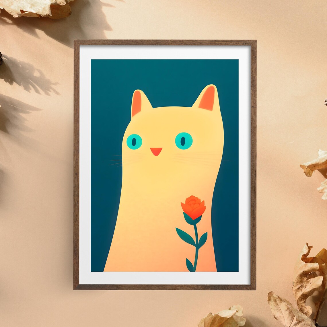 Minimalist Lemon Yellow Cat Holding a Rose on Dark Teal Poster - Image 3
