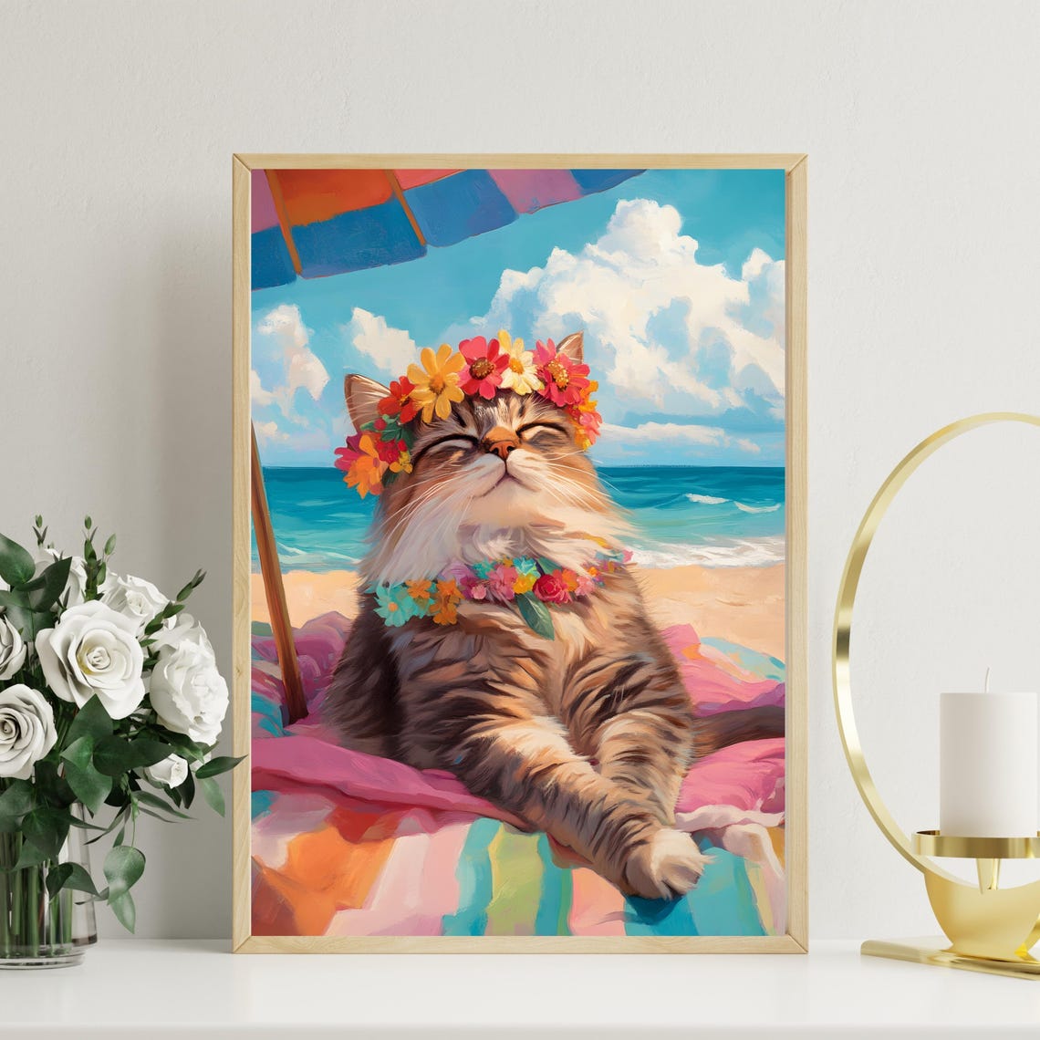 Fluffy Beach Cat With Flower Lei Sunbathing Under An Umbrella Poster