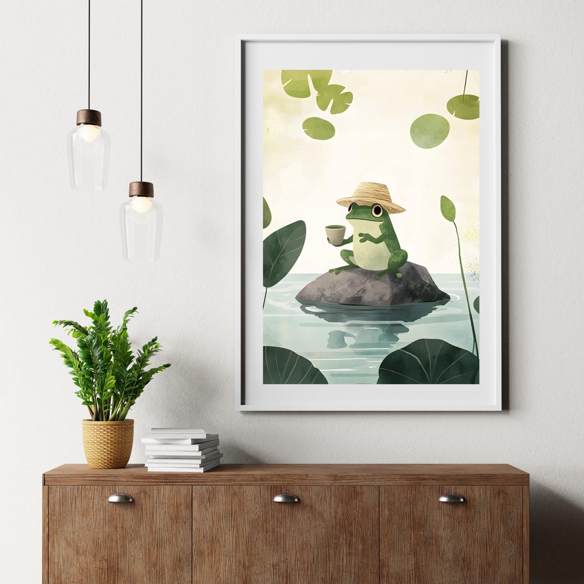 Sweet Cute Frog in Straw Hat Sipping Tea Atop a Pond Rock Poster - Image 7
