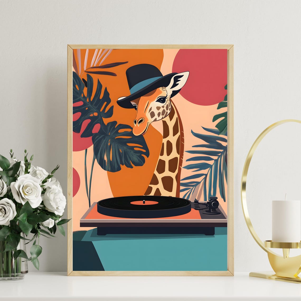 Stylish Giraffe in Hat Playing a Vinyl Record Player Retro Poster - Image 4
