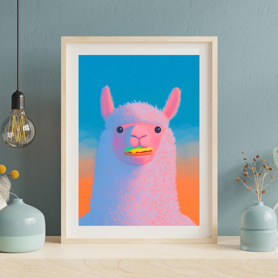 Playful Pink Llama Munching Burger on Sunset Gradient Poster - Image 2