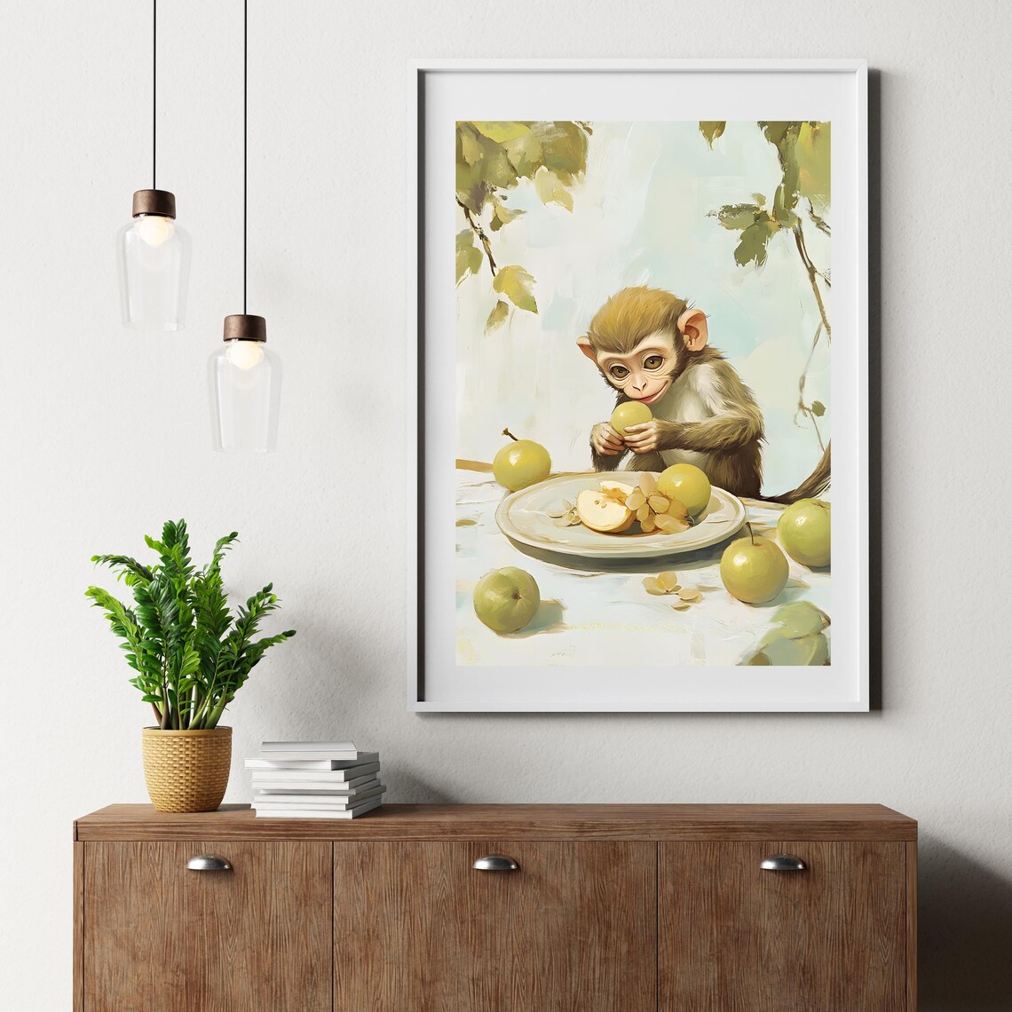 Wide-Eyed Baby Monkey Munching Green Apples at a Fruit-Laden Table Poster - Image 6