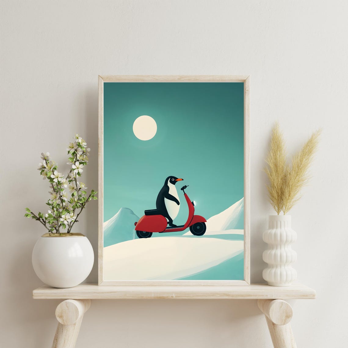 Penguin Riding A Red Scooter Through A Snowy Winter Landscape Poster - Image 4