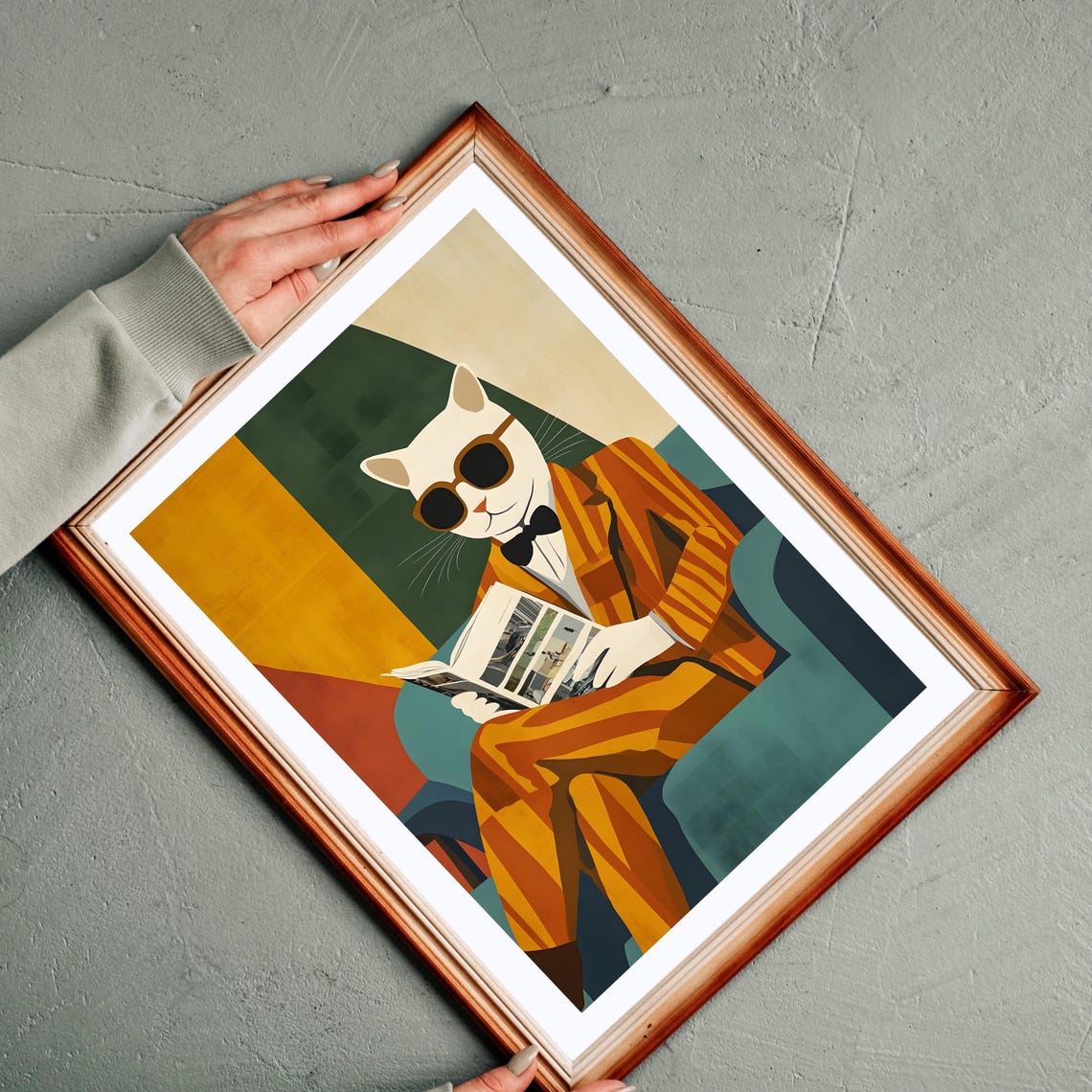 Classy Cat Suit Sunglasses Reading Newspaper Retro Style Art Poster - Image 4