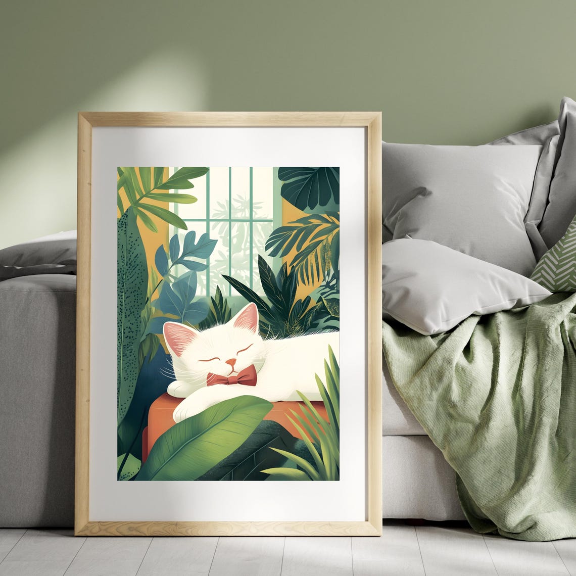 White Cat With Red Bow Tie Sleeping Among Tropical Plants Poster - Image 7