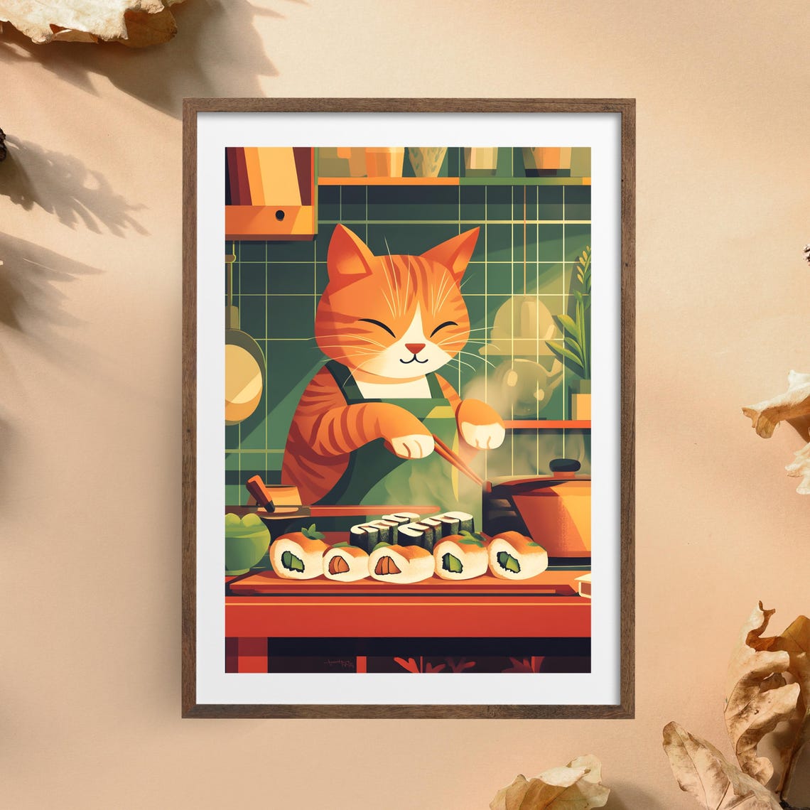 Ginger Cat Sushi Chef Rolling Sushi In A Cozy Kitchen Scene Poster - Image 3