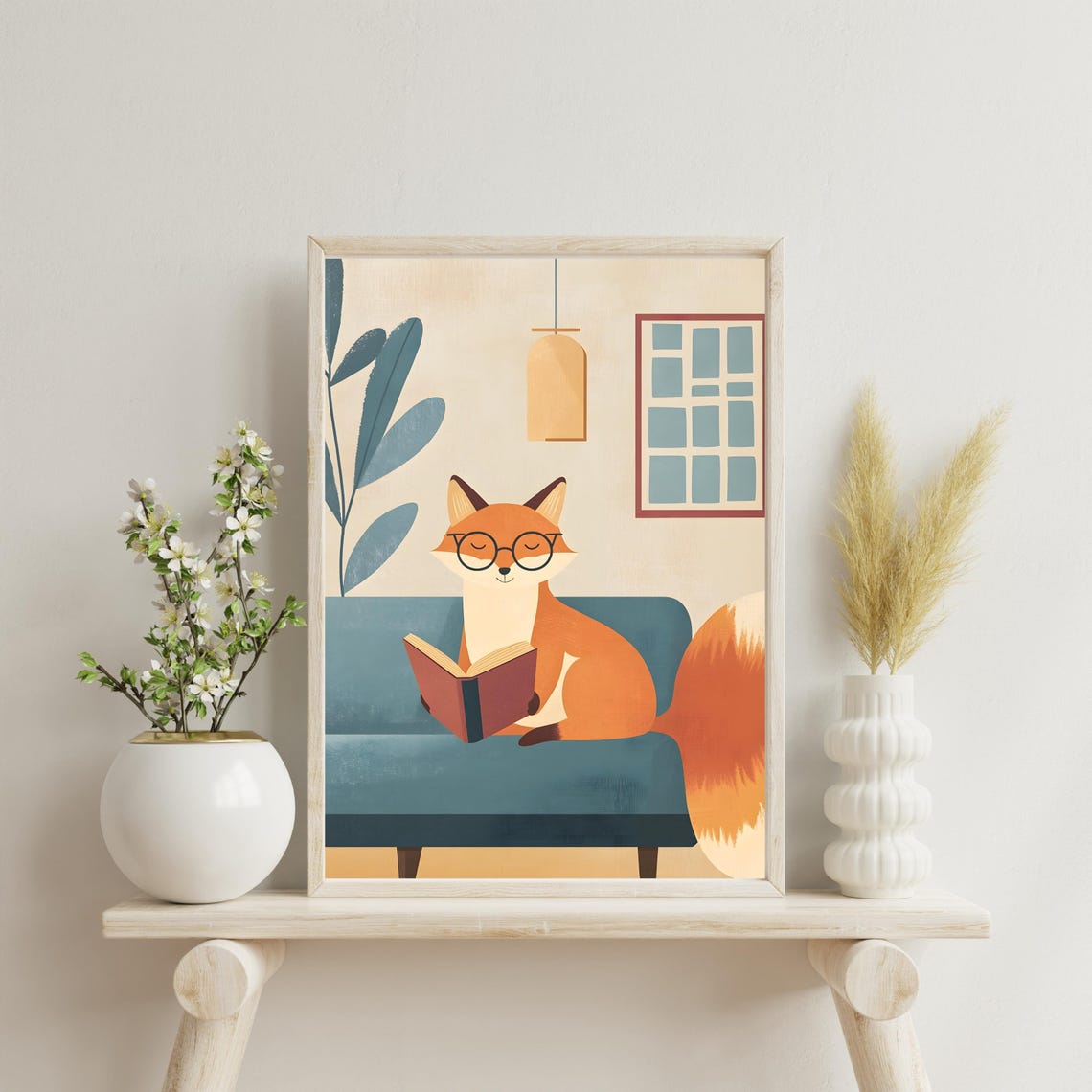 Cozy Fox Reading Book on Teal Sofa Minimalist Illustration Poster - Image 6