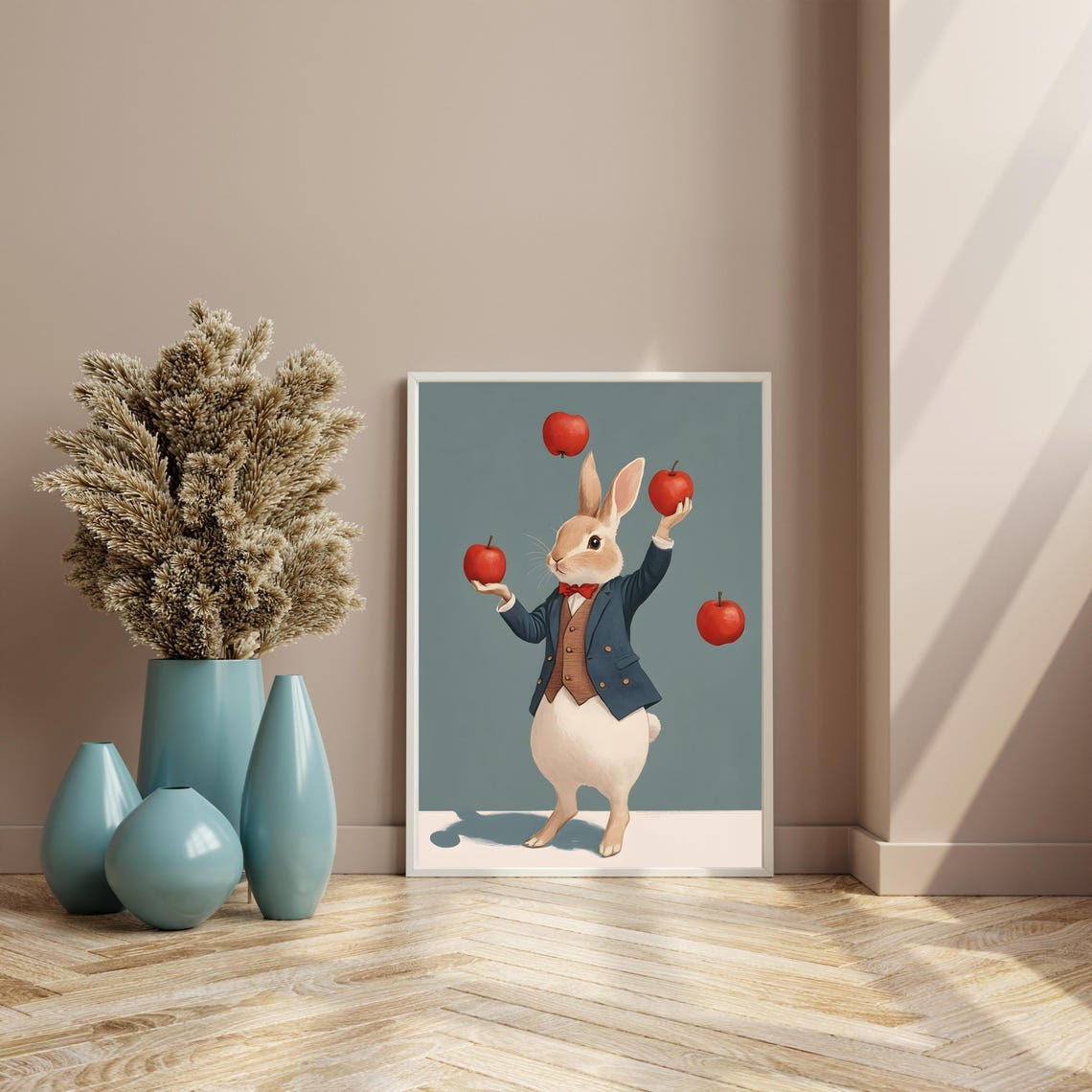 Whimsical Rabbit in a Blue Suit Juggling Four Red Apples Poster - Image 8