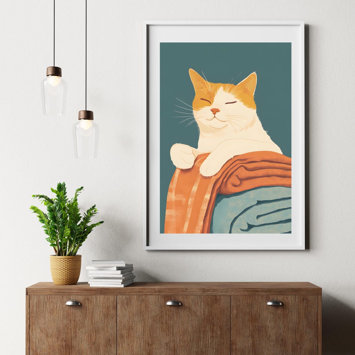 Cozy Orange Cat Hugging Folded Blankets on a Teal Background Poster - Image 3