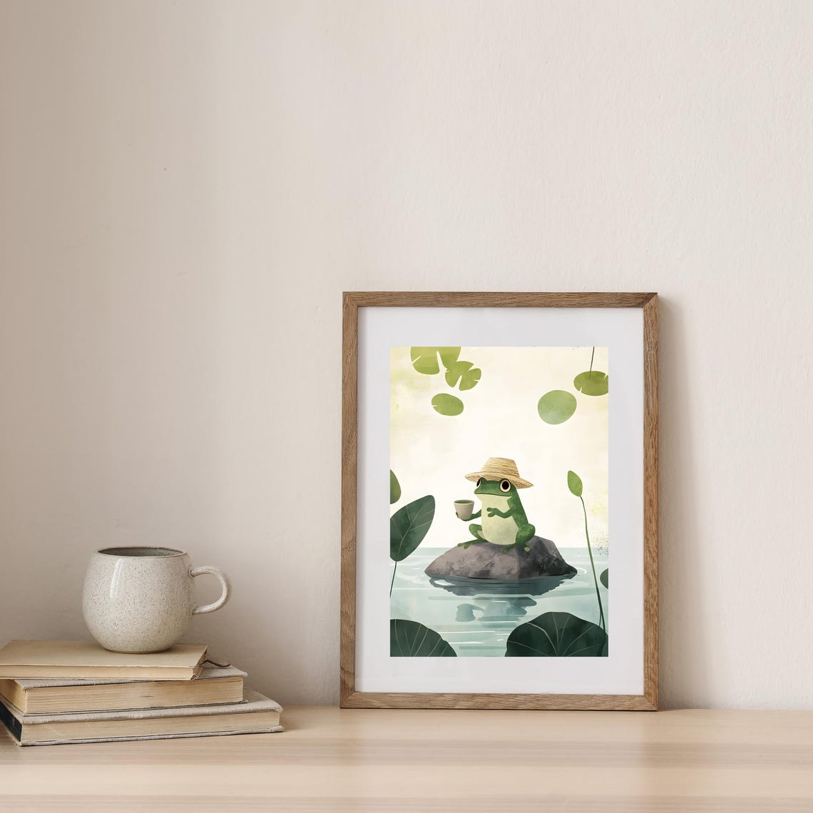 Sweet Cute Frog in Straw Hat Sipping Tea Atop a Pond Rock Poster - Image 8