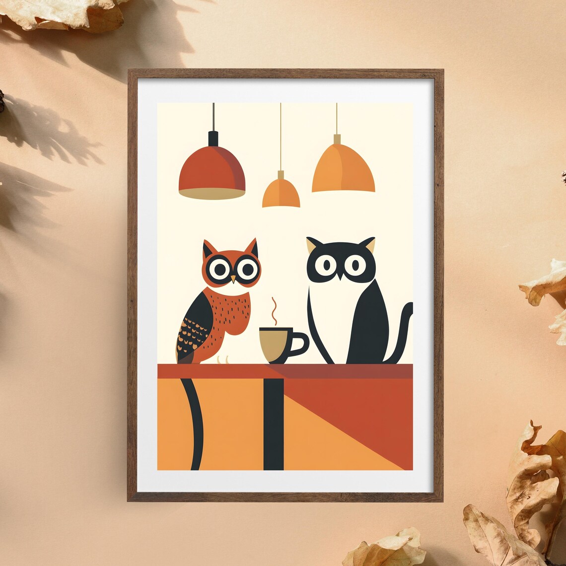 Owl and Cat Sharing Coffee at Mid Century Modern Cafe Poster