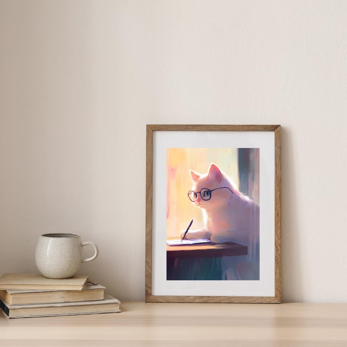 White Cat With Glasses Writing At A Sunny Desk Cozy Art Poster - Image 3