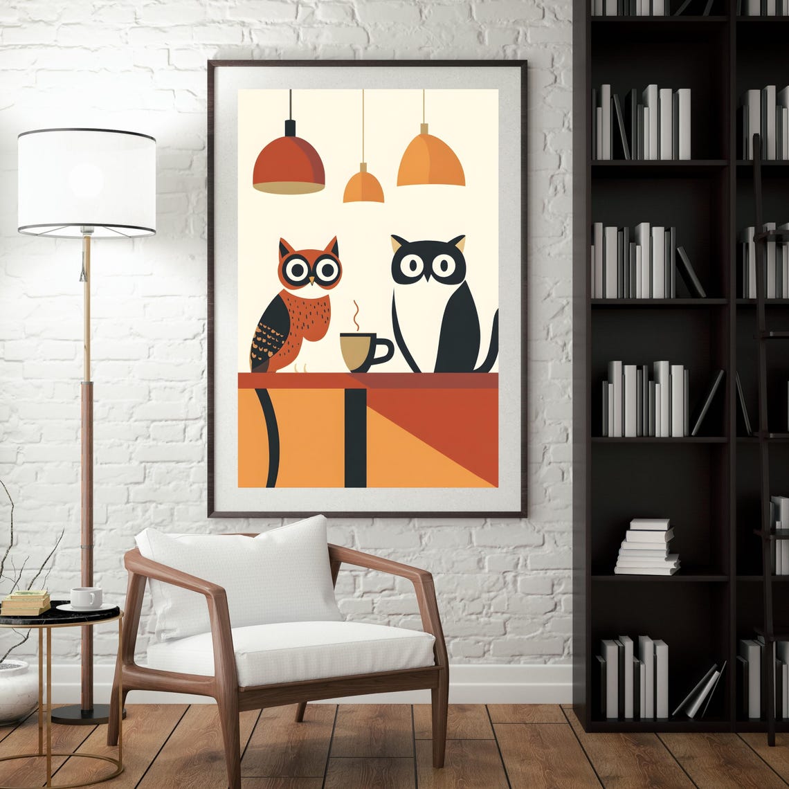 Owl and Cat Sharing Coffee at Mid Century Modern Cafe Poster - Image 5