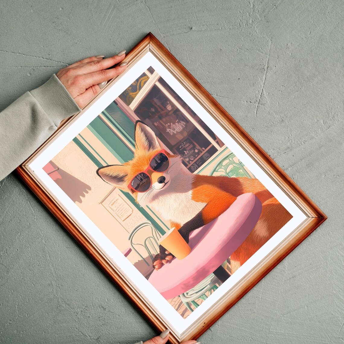 Chic Red Fox in Red Sunglasses Relaxing at a Pink Parisian Cafe Table Poster - Image 4