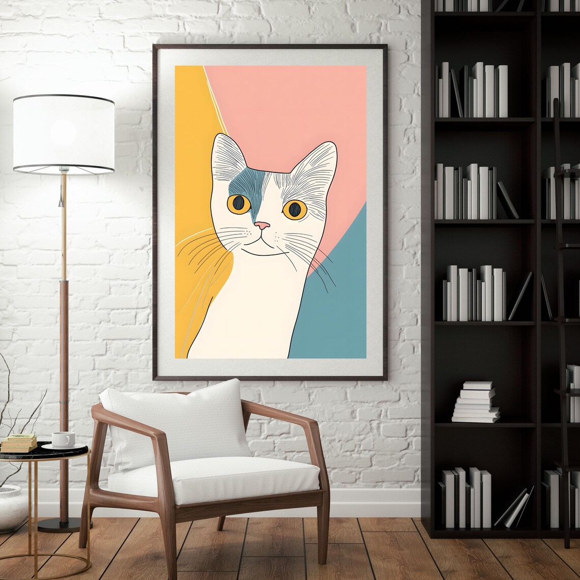 Minimalist Cat Portrait On Pastel Color Blocks Modern Line Art Print - Image 4
