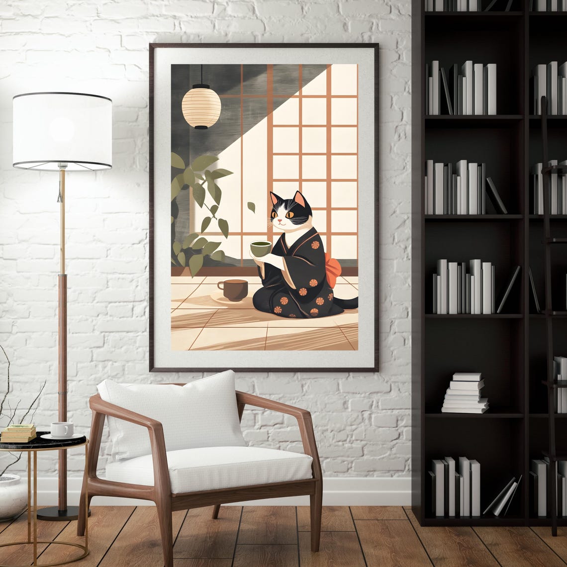 Black and White Cat in Kimono Drinking Tea by Shoji Screen Poster - Image 5