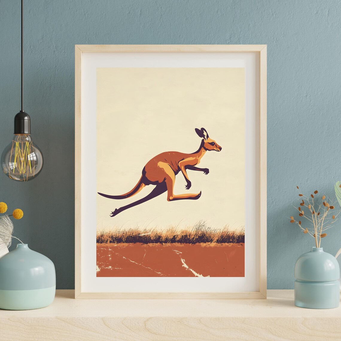 Leaping Kangaroo Red Desert Vintage Australia Wildlife Poster