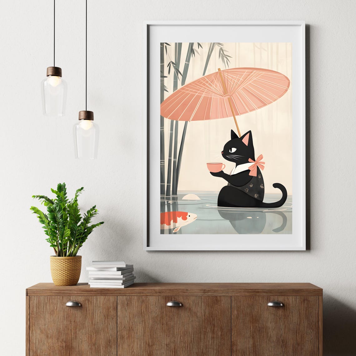 Black Cat With Pink Umbrella Drinking Tea in a Rainy Pond Poster - Image 6