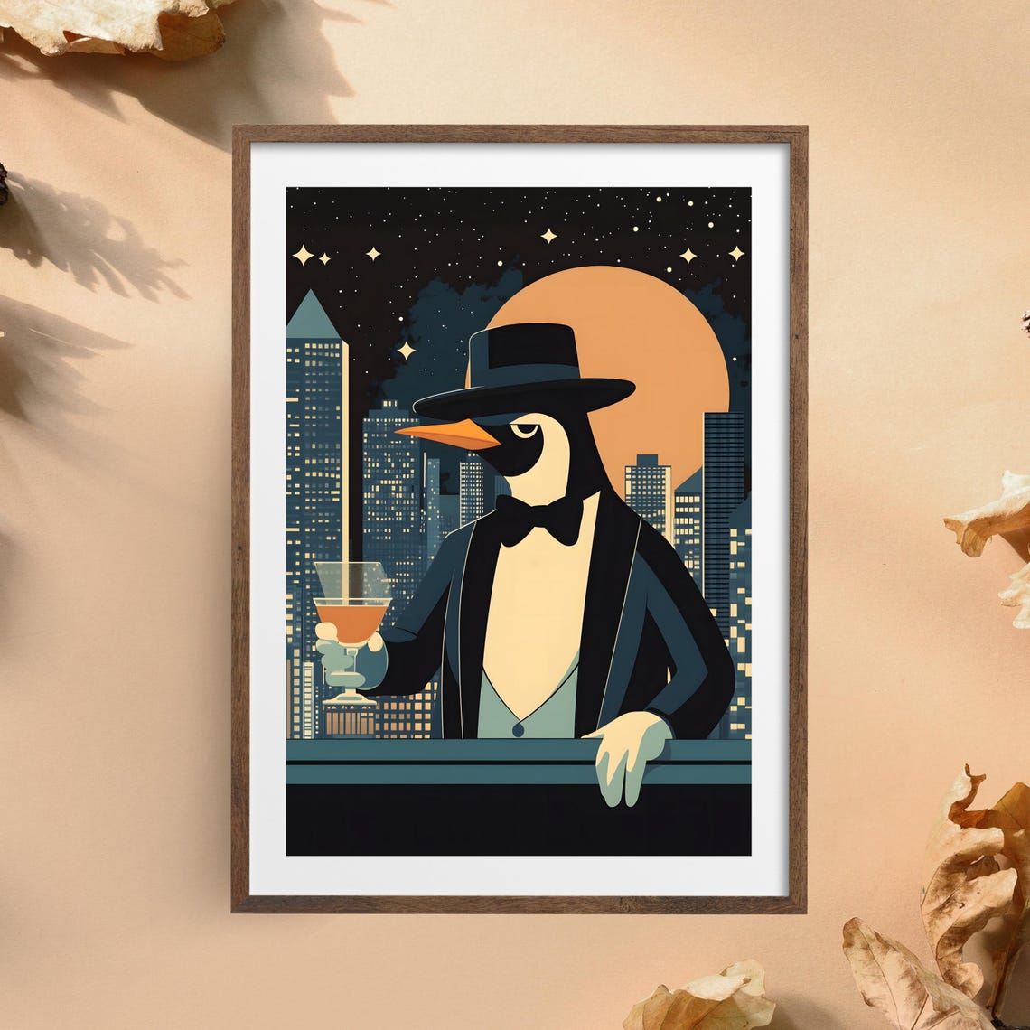Debonair Penguin in Fedora Holding Cocktail at Night City Poster