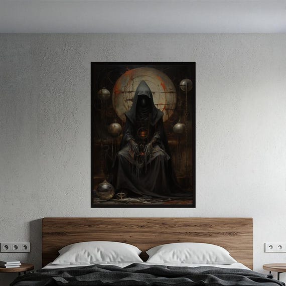 Shadowed Secrets Dark Fantasy Art Print Gothic Steampunk Hooded Figure Poster Ominous Macabre Wall Decor For Gamer Room Man Cave