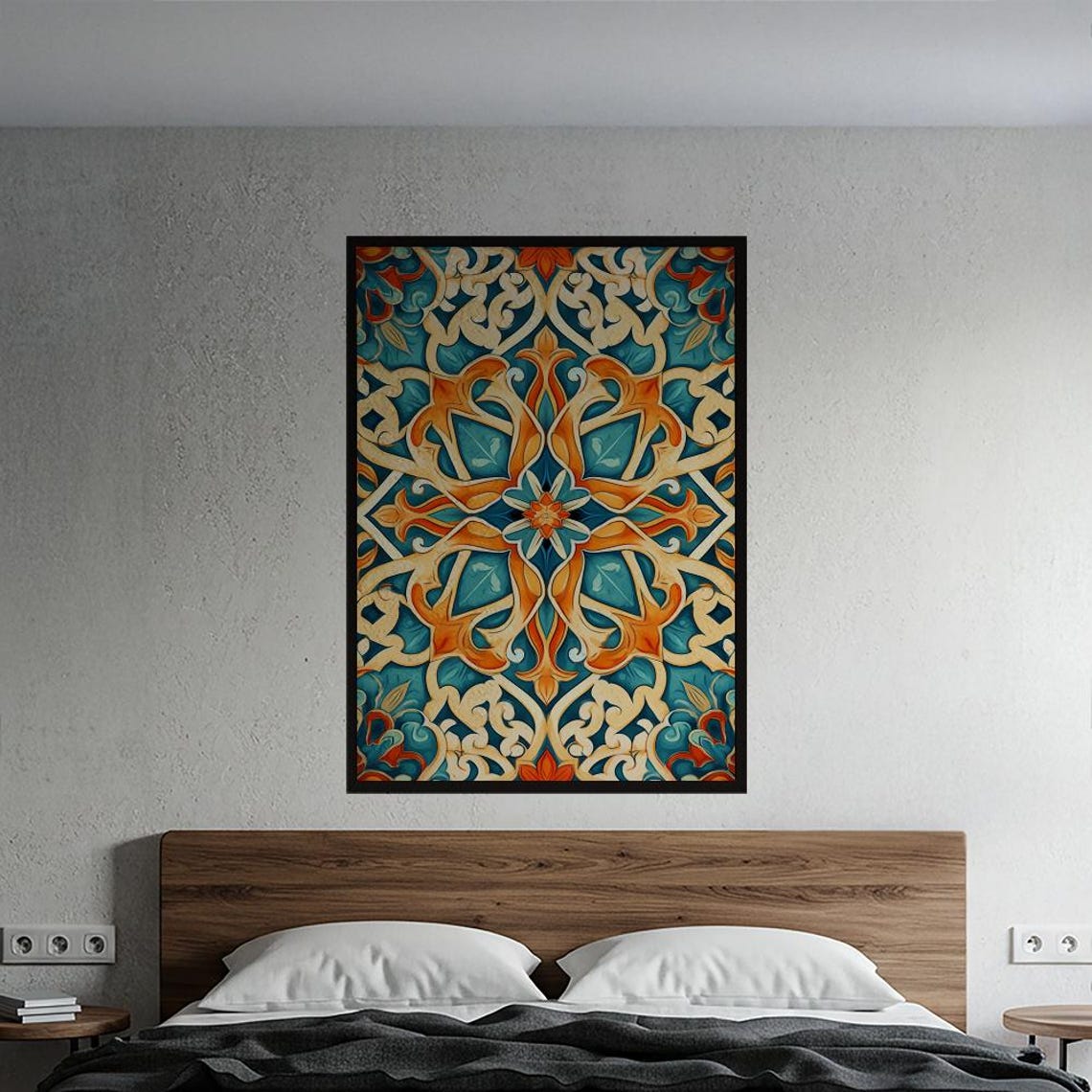 Vibrant Moroccan Tile Ornate Pattern Teal Orange Home Poster