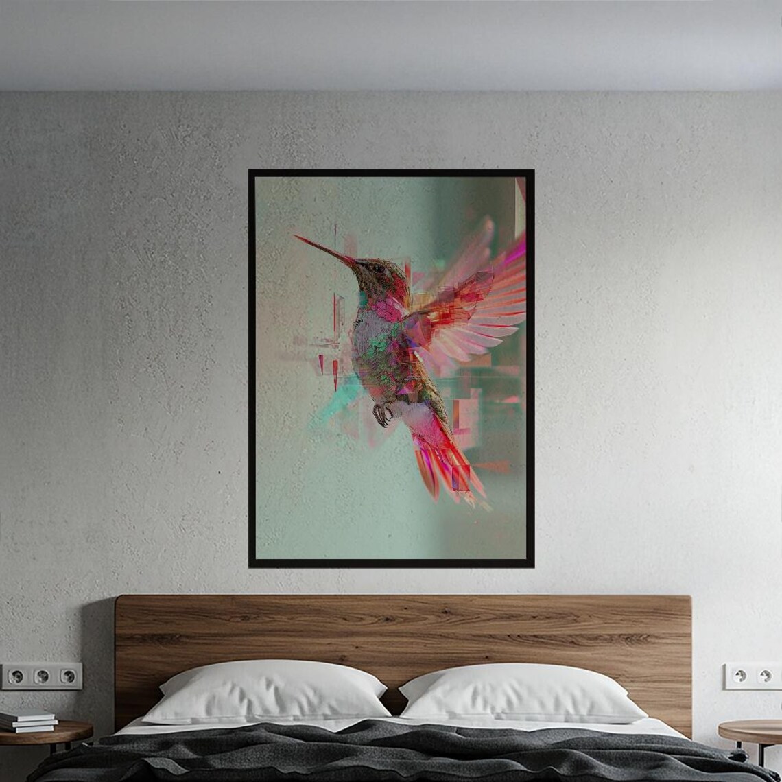 Hummingbird Glitch Art Red Wings Modern Abstract Nature Poster