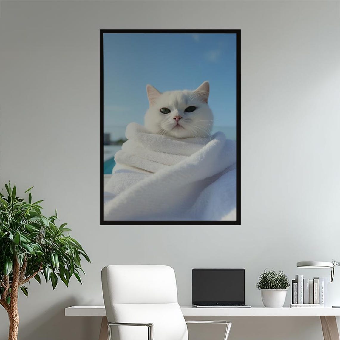Serene Pampered White Cat Wrapped In Fluffy Towel Spa Day Poster