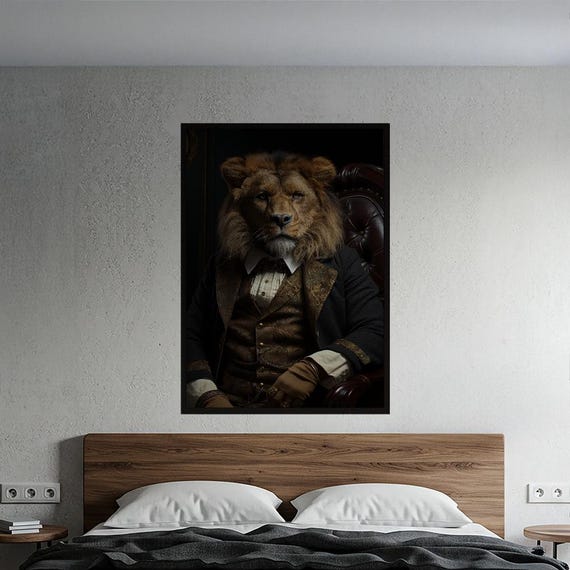 Regal Lion Gentleman Portrait Poster Sophisticated Anthropomorphic Animal Wall Art Dark Academia Luxury Decor Unique Gift For Men