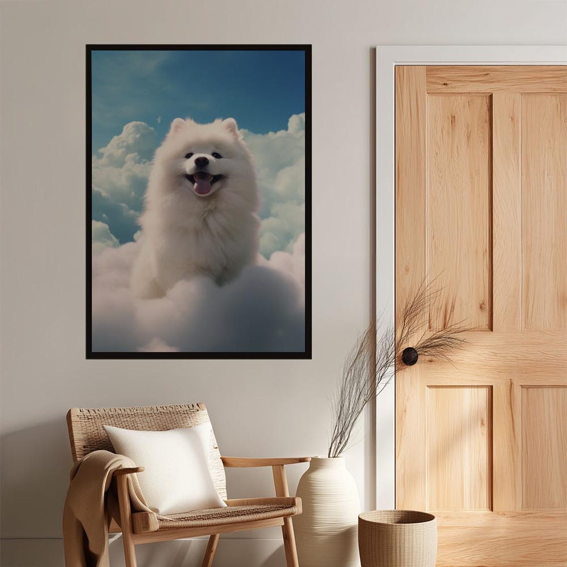 Smiling Samoyed Puppy Floating Among Fluffy White Clouds Poster