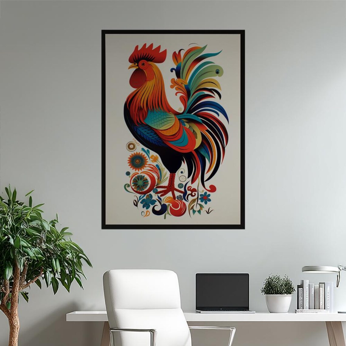 Majestic Colorful Folk Art Rooster Stylized Farmhouse Wall Art