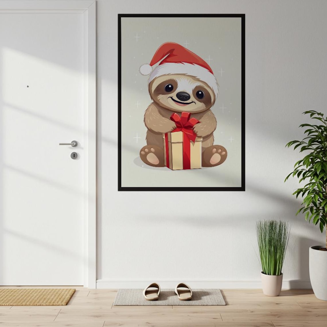 Cute Christmas Sloth In Santa Hat Holding Gift Kids Art Poster