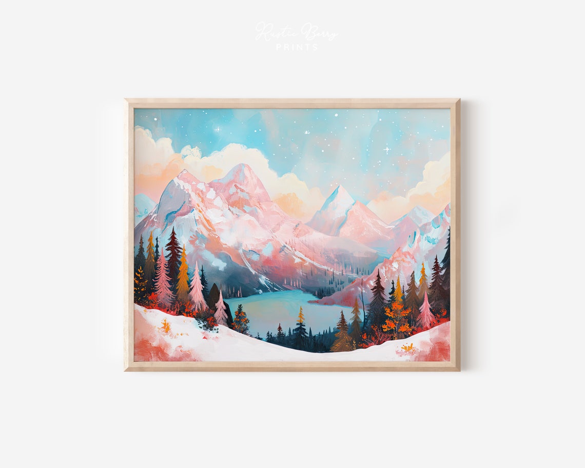 Pink Mountains Starry Sky Lake Pastel Winter Landscape Wall Poster