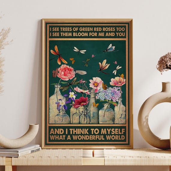 Floral Dragonfly Art And I Think To Myself What A Wonderful World Unframed Poster Gardener Girl Room Decoration Gardening Wall Hanging