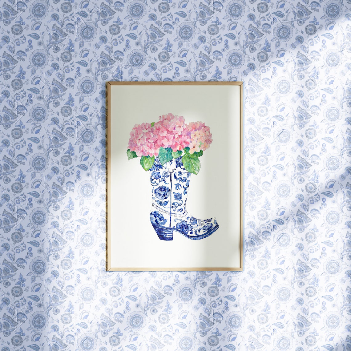 Pink Hydrangeas Chinoiserie Cowboy Boot Watercolor Western Poster - Image 4