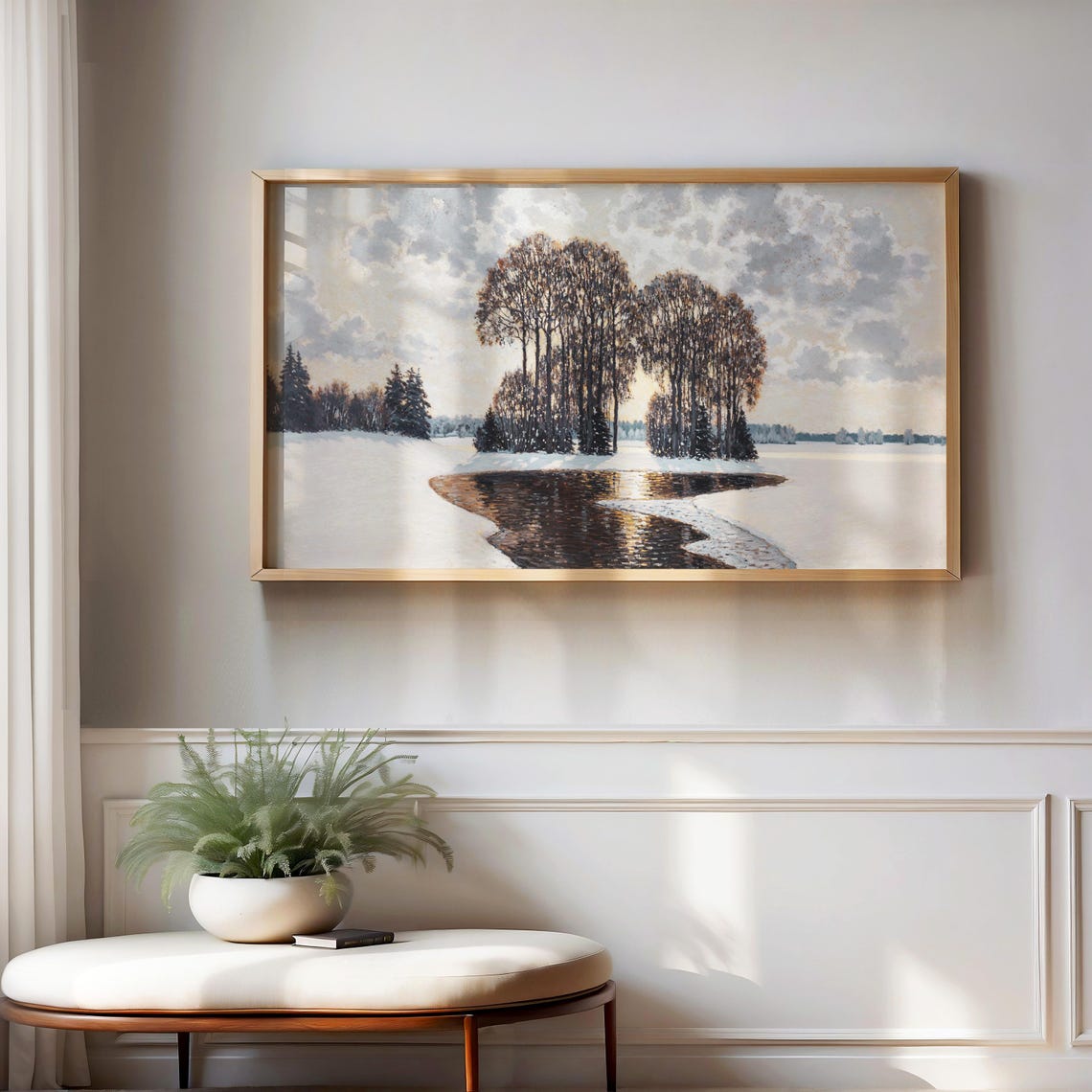 Winter Snow Landscape Painting Pond Tree Reflections Cloudy Sky Poster - Image 4