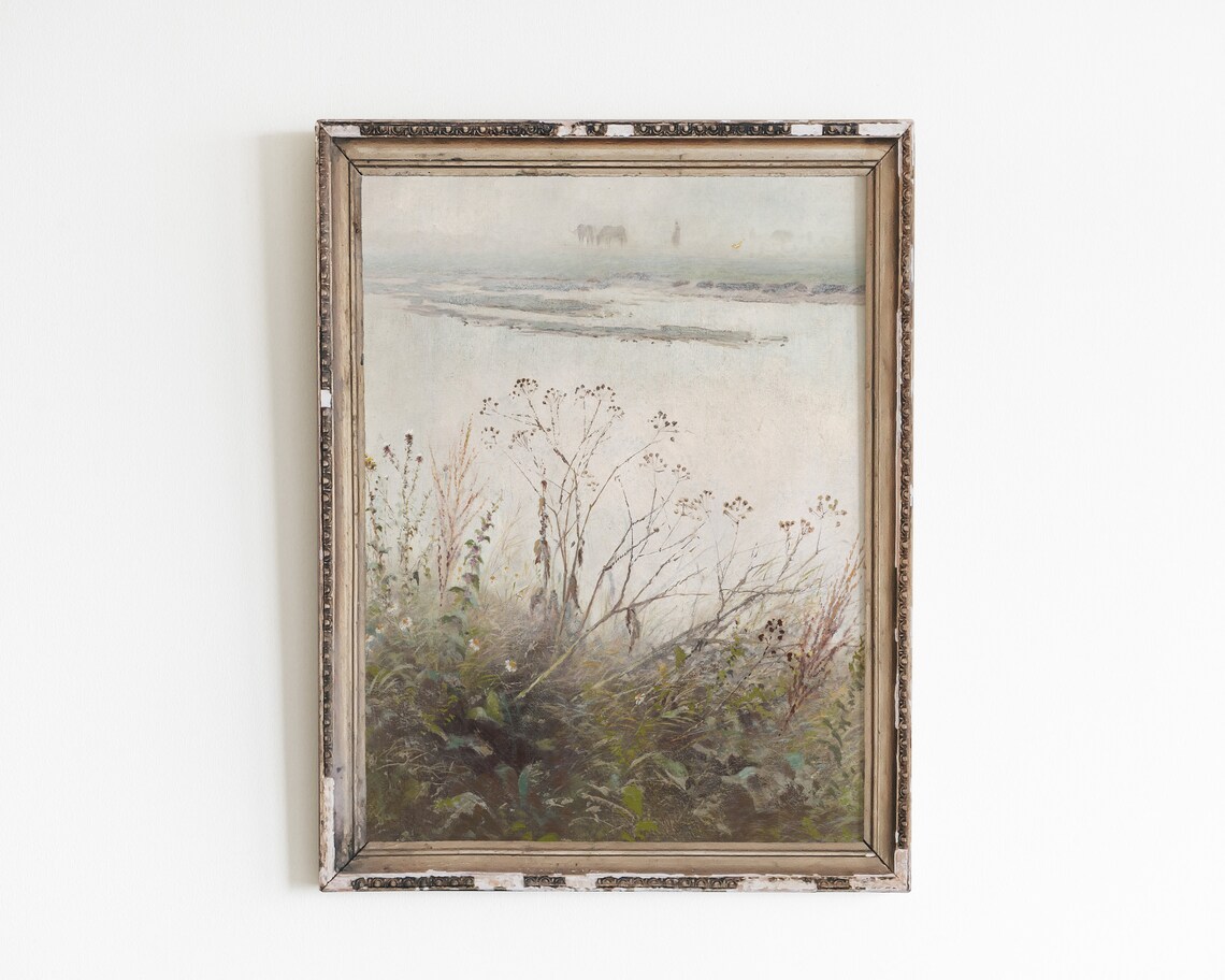 Vintage Landscape Floral Oil Painting, Farmhouse Art Print