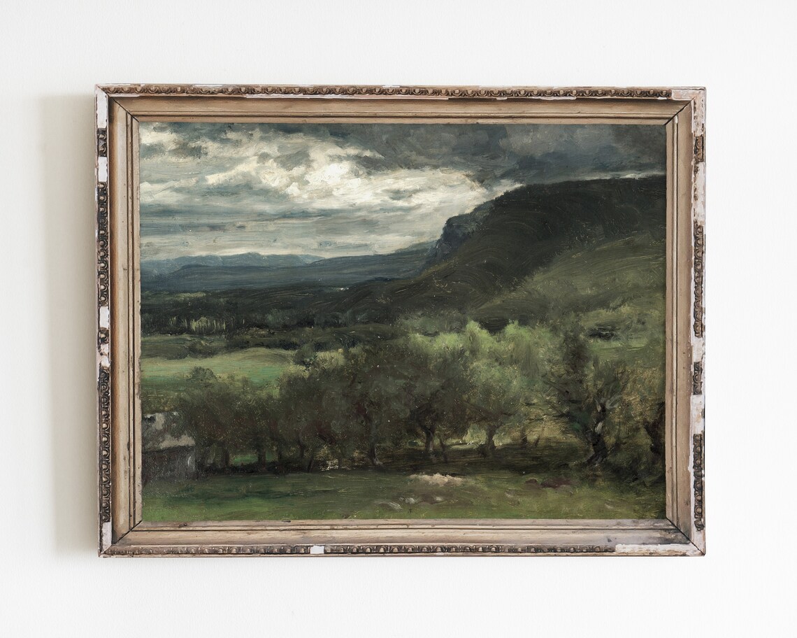Vintage Farmhouse Landscape Art Print, Antique Painting