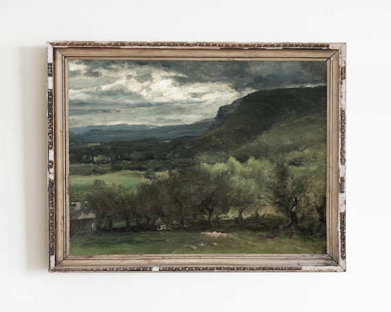 Vintage Farmhouse Landscape Art Print, Antique Painting