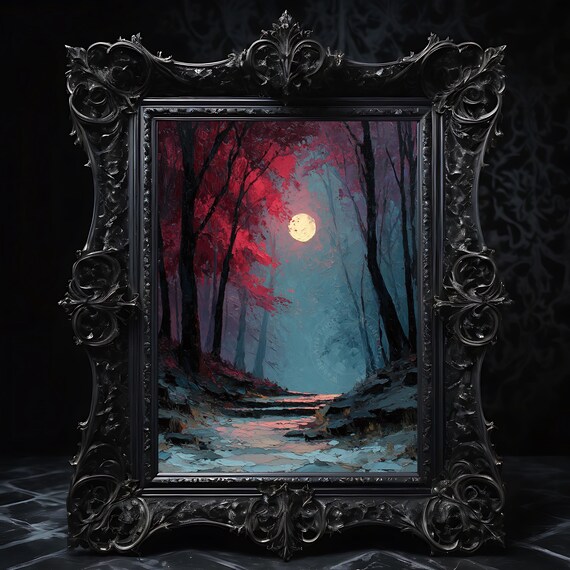 Haunted Forest Path Under Full Moon Spooky Autumn Wall Art Rustic Halloween Decor Vintage Oil Painting 176