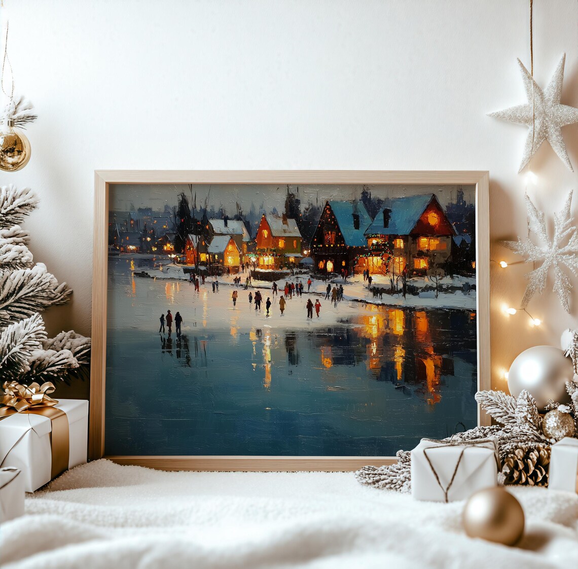 Cozy Winter Village Frozen Lake Ice Skaters Christmas Glow Poster