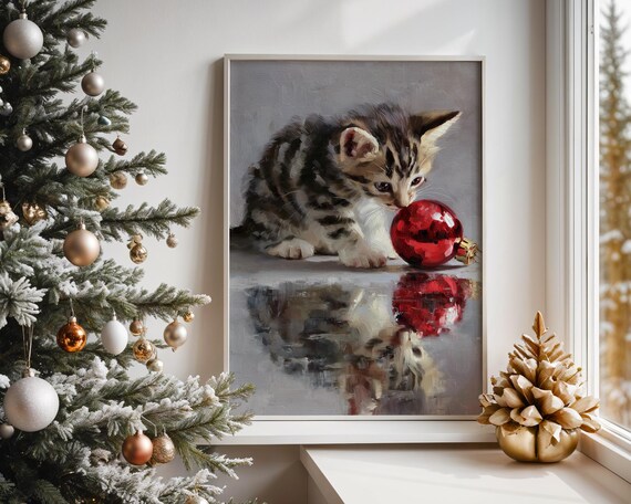 Vintage Tabby Kitten Playing With Red Christmas Bauble Poster