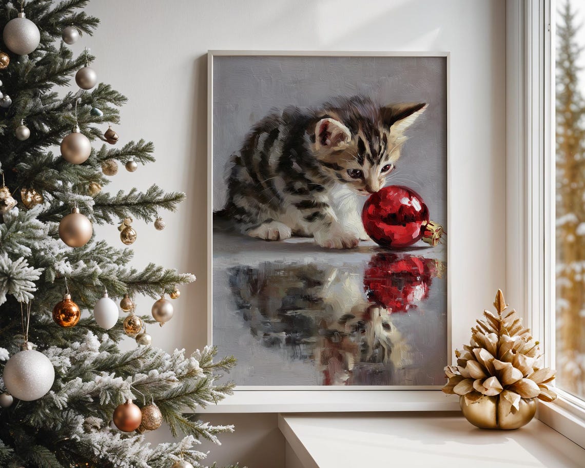 Vintage Tabby Kitten Playing With Red Christmas Bauble Poster