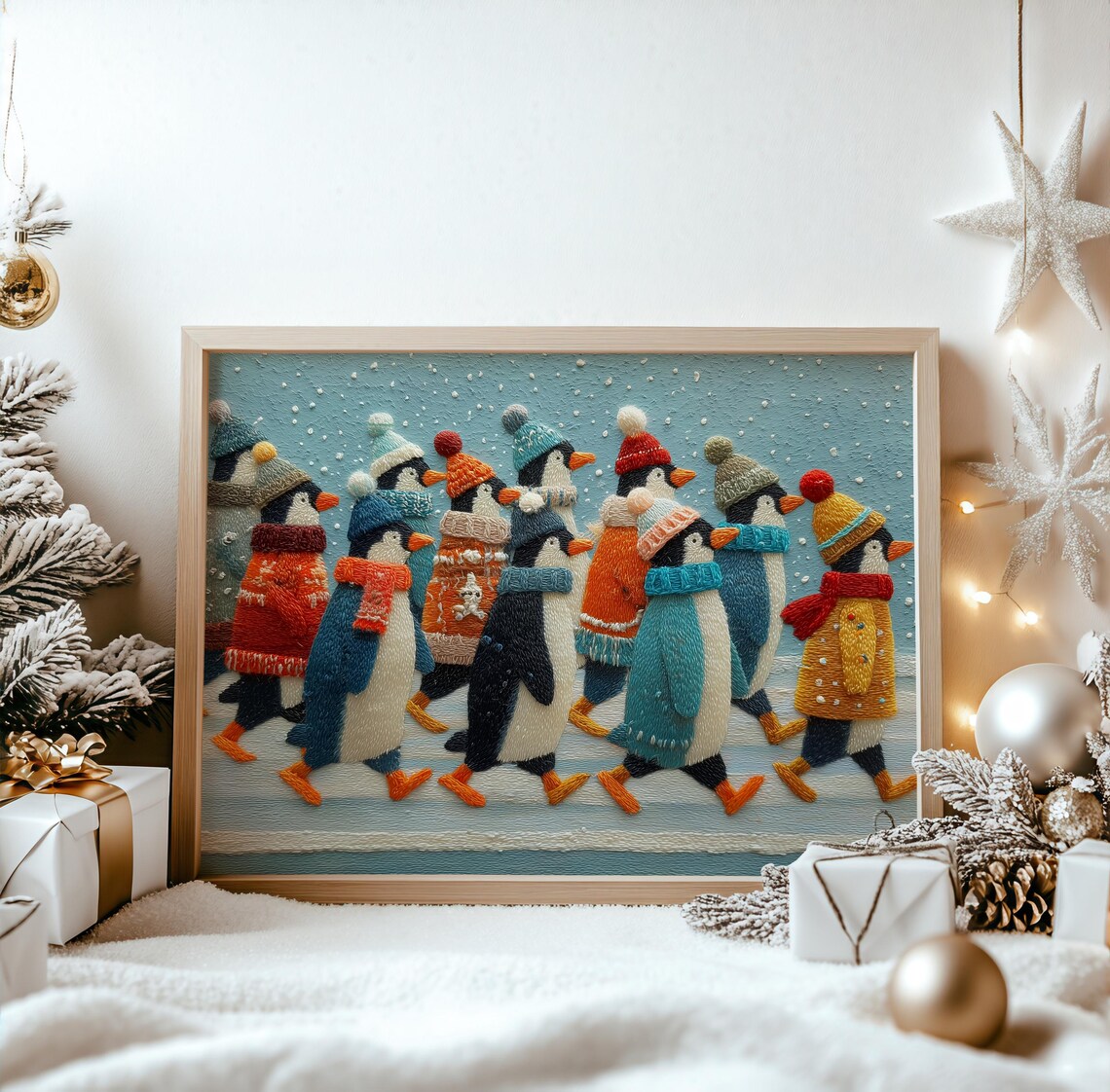 Christmas Penguin Parade, Vintage Holiday Art Print